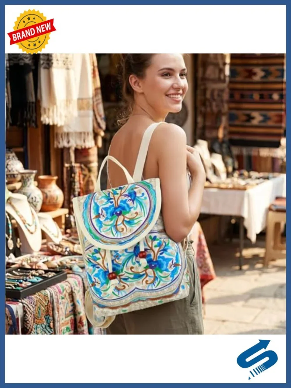 Embroidered Canvas Mini Backpack Purse, Floral Boho Daypack for Travel